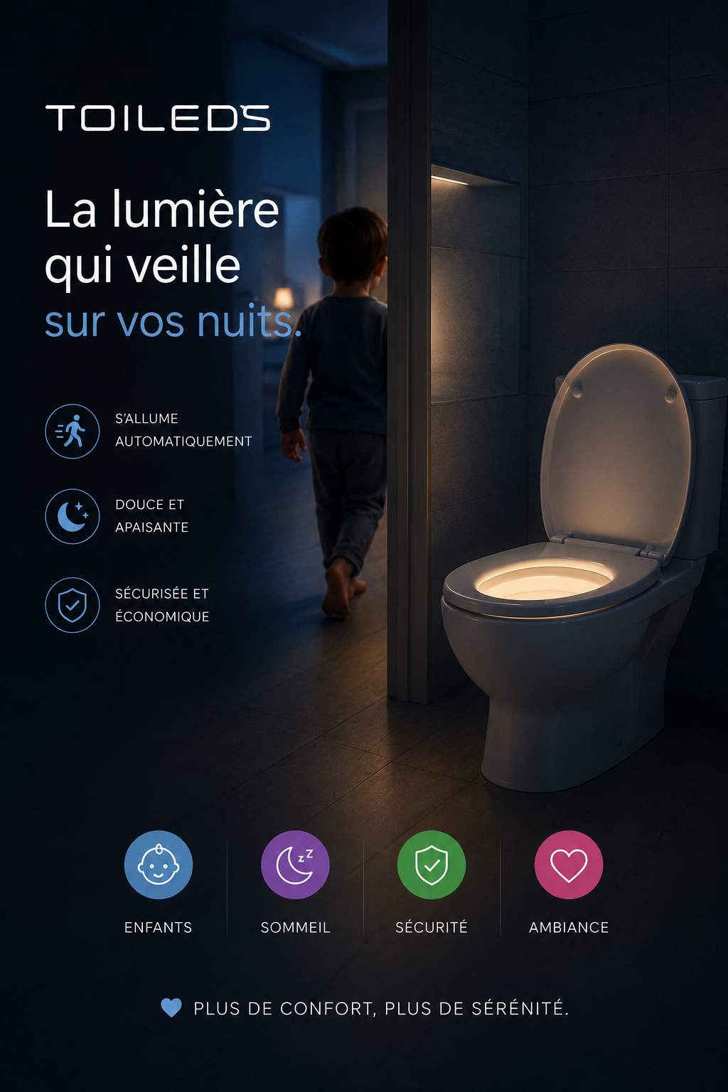 ToiLeds — veilleuse LED en situation dans des WC la nuit, avec un enfant en arrière-plan
